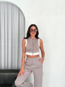 Osy Modal Yumuşak Dokulu Kumaş Tam Fermuarlı Crop Pantalon İkili Takım - Gri resmi